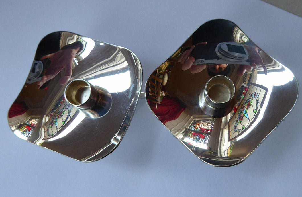 TWO / MATCHING PAIR of Danish Square Shaped Small Silver Plate Taper Berg Candle Holders