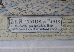 Original FRAMED 1835 Antique GEORGIAN Satirical Print / Etching by George Cruikshank. Le Retour de Paris