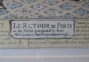 Original FRAMED 1835 Antique GEORGIAN Satirical Print / Etching by George Cruikshank. Le Retour de Paris