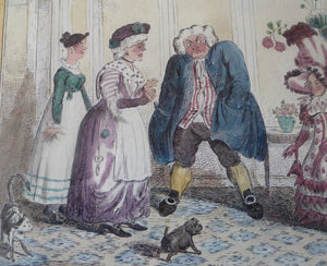 Original FRAMED 1835 Antique GEORGIAN Satirical Print / Etching by George Cruikshank. Le Retour de Paris