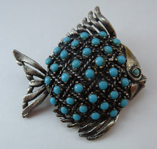 Load image into Gallery viewer, Vintage 1960s Fish Brooch: Silver Tone with Lots of Little Turquoise Coloured Inclusions
