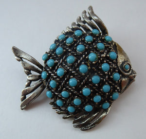 Vintage 1960s Fish Brooch: Silver Tone with Lots of Little Turquoise Coloured Inclusions