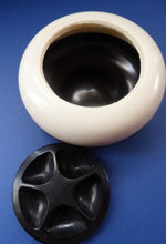 Load image into Gallery viewer, Very Rare Art Deco Early Bakelite Box / Powder Bowl. The top section is white &amp; the bottom half is black
