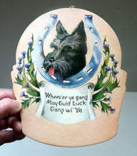 Load image into Gallery viewer, Genuine 1950s Scottish Cardboard Wall Calendar: Featuring a Scottie Dog, with his Head Through a Lucky Horse Shoe
