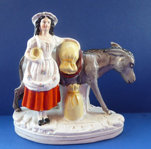 19th Century Staffordshire Figurine. Rare Antique  SAND Model of a  Lady with a Grey Donkey, Gathering Sand into Sandbags