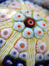 Load image into Gallery viewer, Beautiful VASART Scottish Glass Paperweight with 8 Spokes; with yellow ground, latticino canes &amp; millefiori

