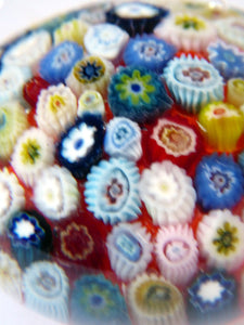 Vintage Scottish Paperweight, possibly by STRATHEARN GLASS. Scarlet Ground with a Carpet of Millefiori Canes