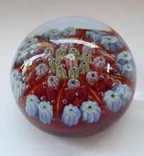 Load image into Gallery viewer, (SR) Beautiful VASART Scottish Glass Paperweight with 8 Spokes; with red ground ground, latticino canes &amp; millefiori

