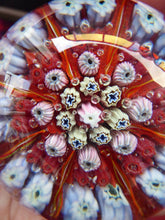 Load image into Gallery viewer, (SR) Beautiful VASART Scottish Glass Paperweight with 8 Spokes; with red ground ground, latticino canes &amp; millefiori
