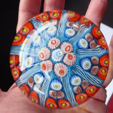 Load image into Gallery viewer, Beautiful VASART Scottish Glass Paperweight with 9 Spokes; with powder blue ground, latticino canes &amp; millefiori
