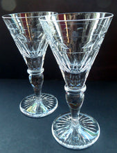 Load image into Gallery viewer, CUMBRIA CRYSTAL. Pair of Top Quality Tall Glass Wine Goblets: Downton Abbey Style. 7 inches in height
