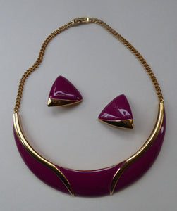 Vintage 1980s MONET Gold Tone & Purple Choker Necklace with Matching Ear-rings