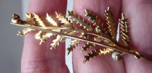 Load image into Gallery viewer, 9ct Gold 1950s Mid Century Vintage Fern Brooch Set with 12 Tiny Natural Pearls
