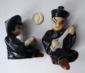 1950s Vintage Cruet Set. Sweet Little Ceramic Chinese Man and Girl Salt and Pepper Pots