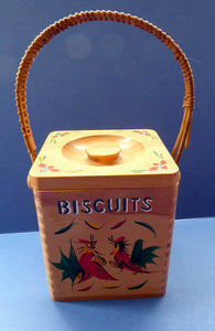 Vintage 1950s Wooden BISCUIT BARREL with Rattan Handle. Decorated with Hand Painted Roosters