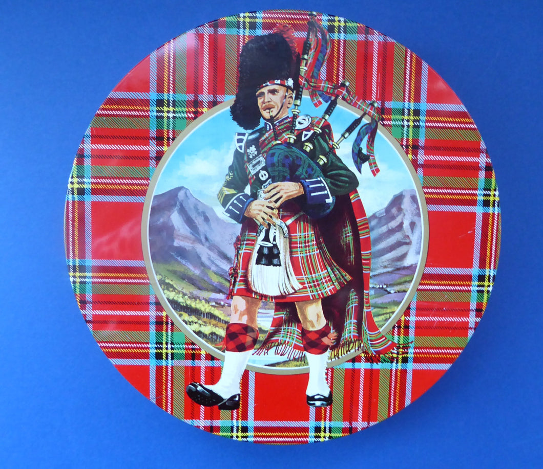 1960s Vintage SCOTTISH SHORTBREAD Tin with Tartan background with Central Piper Motif