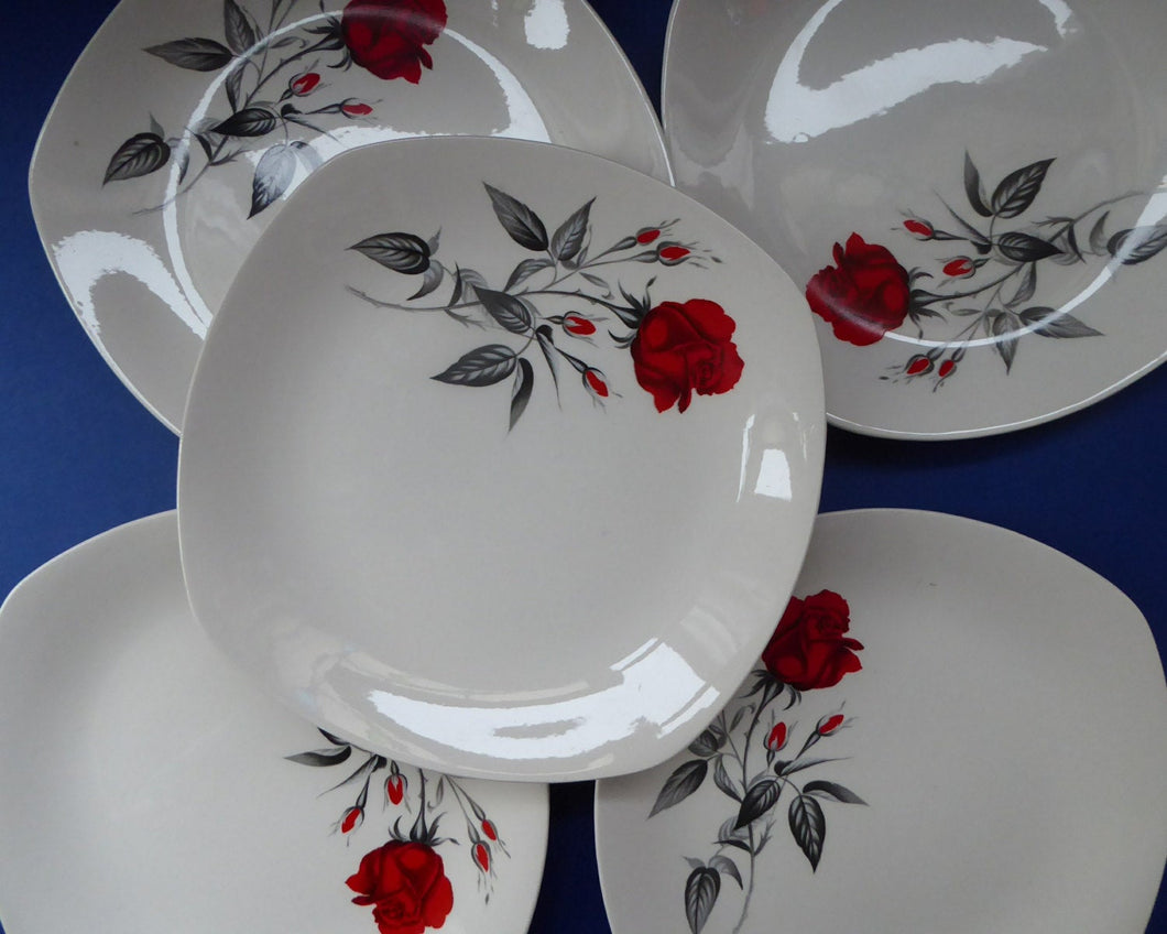 MIDWINTER. Set of FIVE Pretty 1960s Side Plates; 7 1/2 inches. Red Rose Motif. CARMEN Pattern