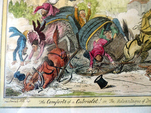 Original FRAMED 1835 Antique GEORGIAN Satirical Print / Etching by George Cruikshank. The Comforts of a Cabriolet