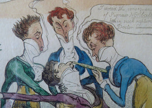 Original FRAMED 1835 Antique GEORGIAN Satirical Print / Etching by Isaac Robert Cruikshank. A Dandy Fainting at the Opera