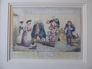 Original FRAMED 1835 Antique GEORGIAN Satirical Print / Etching by George Cruikshank. Le Retour de Paris