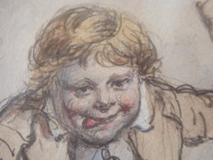 Victorian Drawing of a Boy in a Kilt Throwing Apples by S. Edmonston