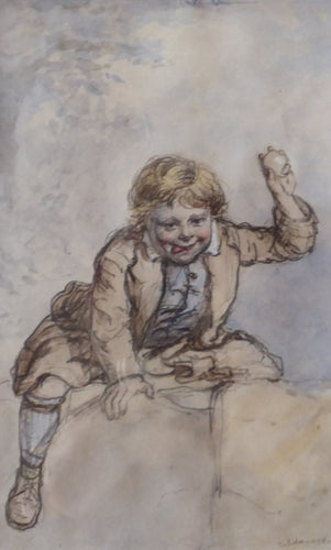 Victorian Drawing of a Boy in a Kilt Throwing Apples by S. Edmonston