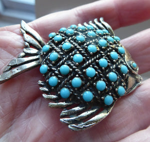 Vintage 1960s Fish Brooch: Silver Tone with Lots of Little Turquoise Coloured Inclusions