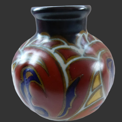 Pretty Art Deco Design. Plazuid Gouda Holland Vase. RARE Verat Pattern; c 1930