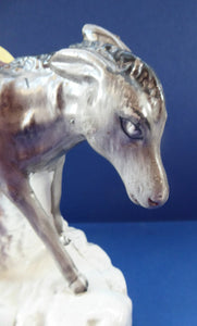 19th Century Staffordshire Figurine. Rare Antique  SAND Model of a  Lady with a Grey Donkey, Gathering Sand into Sandbags