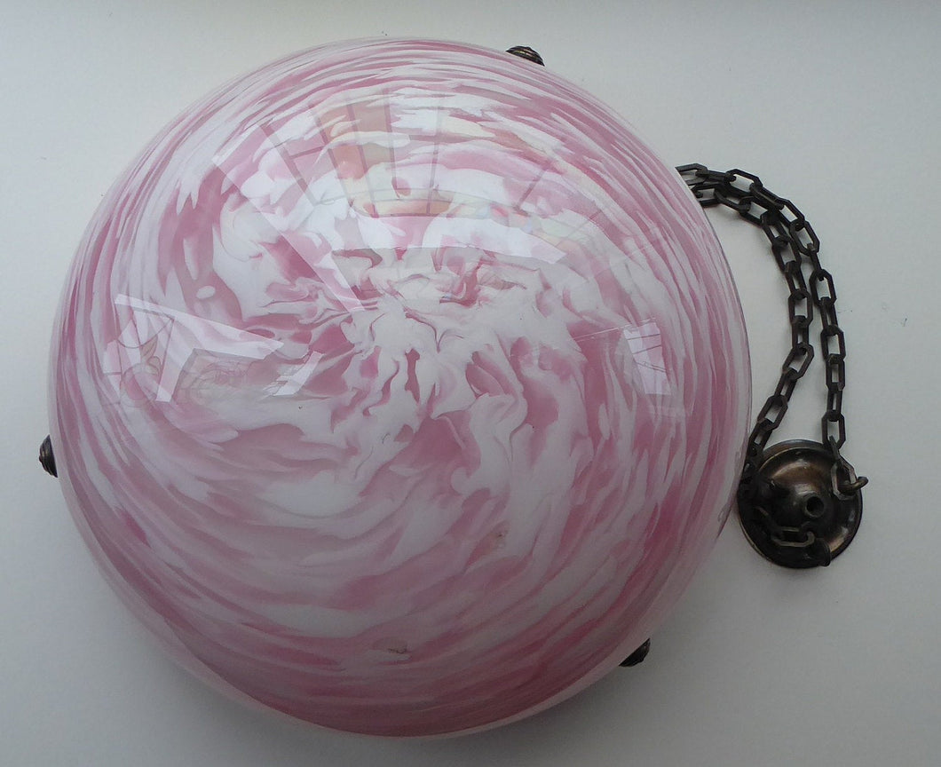 LARGE ART DECO Hanging Goldfish Bowl Lampshade. Pink Swirls Glass with Bronze Mounts & Magnificent Chains