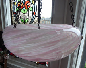 LARGE ART DECO Hanging Goldfish Bowl Lampshade. Pink Swirls Glass with Bronze Mounts & Magnificent Chains