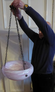 LARGE ART DECO Hanging Goldfish Bowl Lampshade. Pink Swirls Glass with Bronze Mounts & Magnificent Chains