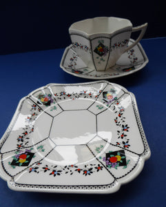 1930s Shelley TRIO QUEEN ANNE Shape. Beautiful Art Deco with Fruits and Diamonds Pattern