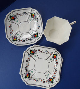 1930s Shelley TRIO QUEEN ANNE Shape. Beautiful Art Deco with Fruits and Diamonds Pattern