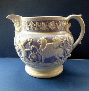 Extremely Rare 1820s RIDGWAY GRIFFIN and Mask Head Jug or Pitcher. Lilac Ground with Applied White Sprigware Decoration