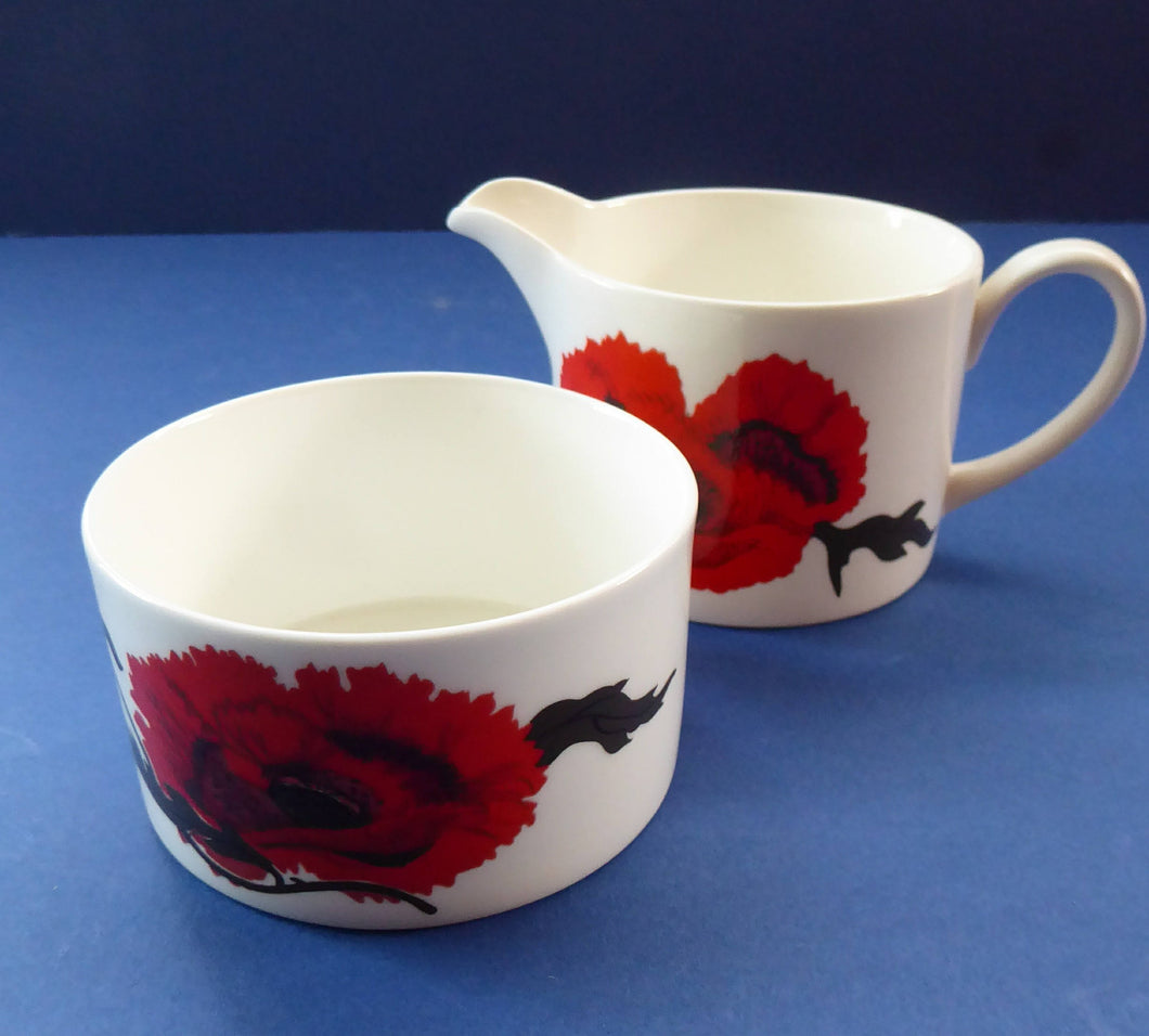 SUSIE COOPER for WEDGWOOD. 1971 Cornpoppy Design. Stylish Floral Bone China Smaller Sugar Bowl & Milk Jug