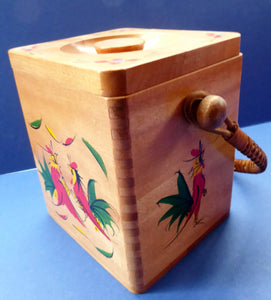 Vintage 1950s Wooden BISCUIT BARREL with Rattan Handle. Decorated with Hand Painted Roosters