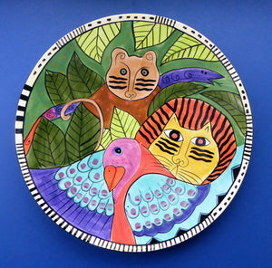 Huge & Rare Giant Laurel Burch Cat / Jungle Design Wall Plaque or Charger. Dated 1998. 16 inches.