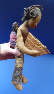 CLOTH DOLL. Vintage 1950s Native Lady Doll. Hand Made Lady Carrying a Wicker Basket and with Baby on her Backcoth
