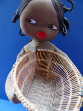 Load image into Gallery viewer, CLOTH DOLL. Vintage 1950s Native Lady Doll. Hand Made Lady Carrying a Wicker Basket and with Baby on her Backcoth
