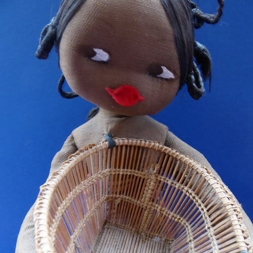 CLOTH DOLL. Vintage 1950s Native Lady Doll. Hand Made Lady Carrying a Wicker Basket and with Baby on her Back