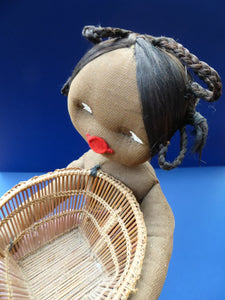 CLOTH DOLL. Vintage 1950s Native Lady Doll. Hand Made Lady Carrying a Wicker Basket and with Baby on her Backcoth
