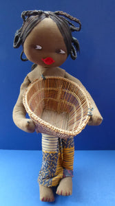 CLOTH DOLL. Vintage 1950s Native Lady Doll. Hand Made Lady Carrying a Wicker Basket and with Baby on her Backcoth