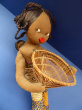 Load image into Gallery viewer, CLOTH DOLL. Vintage 1950s Native Lady Doll. Hand Made Lady Carrying a Wicker Basket and with Baby on her Backcoth
