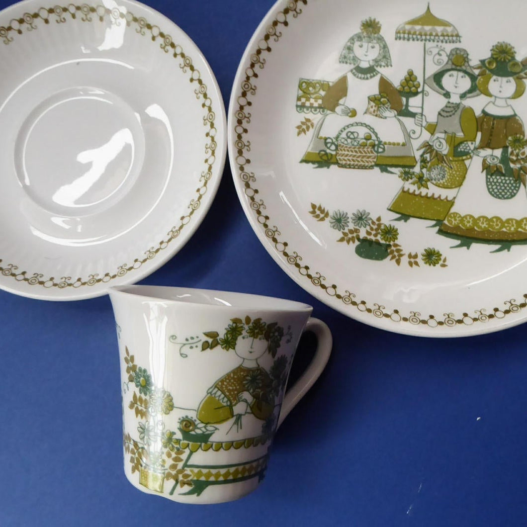 Collectable 1960s Norwegian FIGGJO FLINT Market Trio: Cup, Saucer and Side Plate