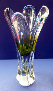 Josef HOSPODKA / Chribska; Czechoslovakia. Fine Chunky 1960s Pale Blue and Lime Green Glass Vase