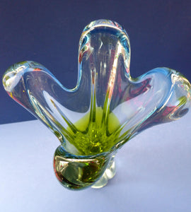 Josef HOSPODKA / Chribska; Czechoslovakia. Fine Chunky 1960s Pale Blue and Lime Green Glass Vase