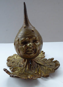 Antique Victorian INKWELL. Gilt Metal Taking the Form of a Crying Mr Turnip with Original Brass Edged Liner