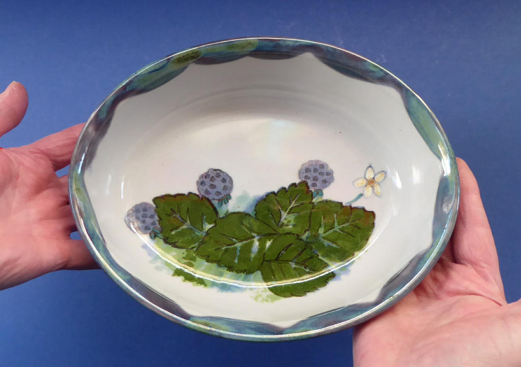 Large SCOTTISH Vintage WILD BERRIES Design Oval Shaped Serving Bowl by Highland Stoneware, Scotland. Hand Decorated (B)