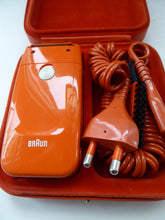 Load image into Gallery viewer, Orange Braun Electric Shaver, 1970s. Complete with original brush &amp; in its own orange velvet lined carrying case
